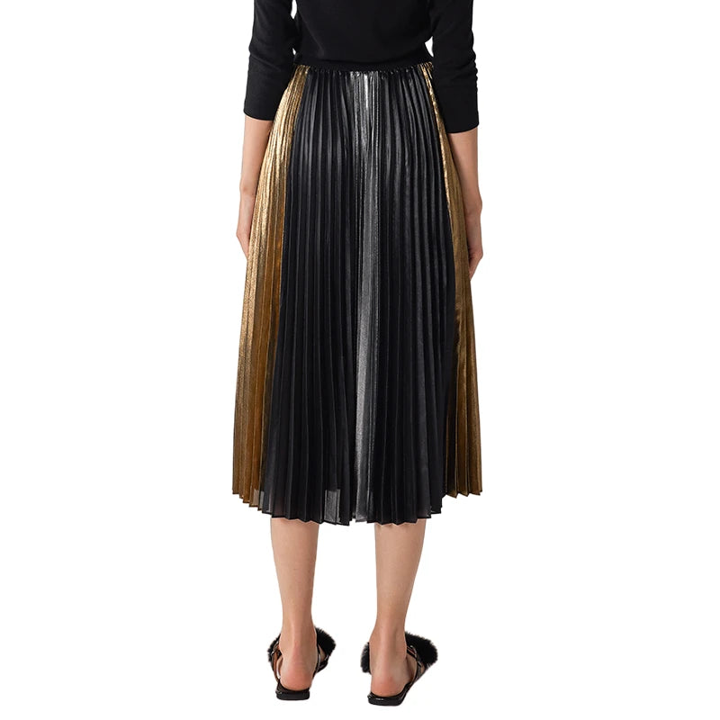 JJparty-C027A Women metallic printed color-block full circle sunburst pleated evening midi skirt