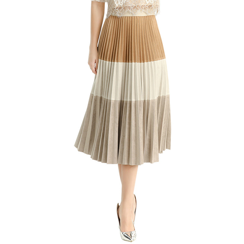 JJparty-S125 Women faux suede color-block full circle sunburst pleated midi skirt