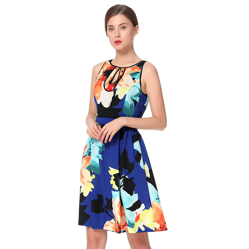 JJparty-D038 Women flower print key-hole neckline sleeveless mini day dress