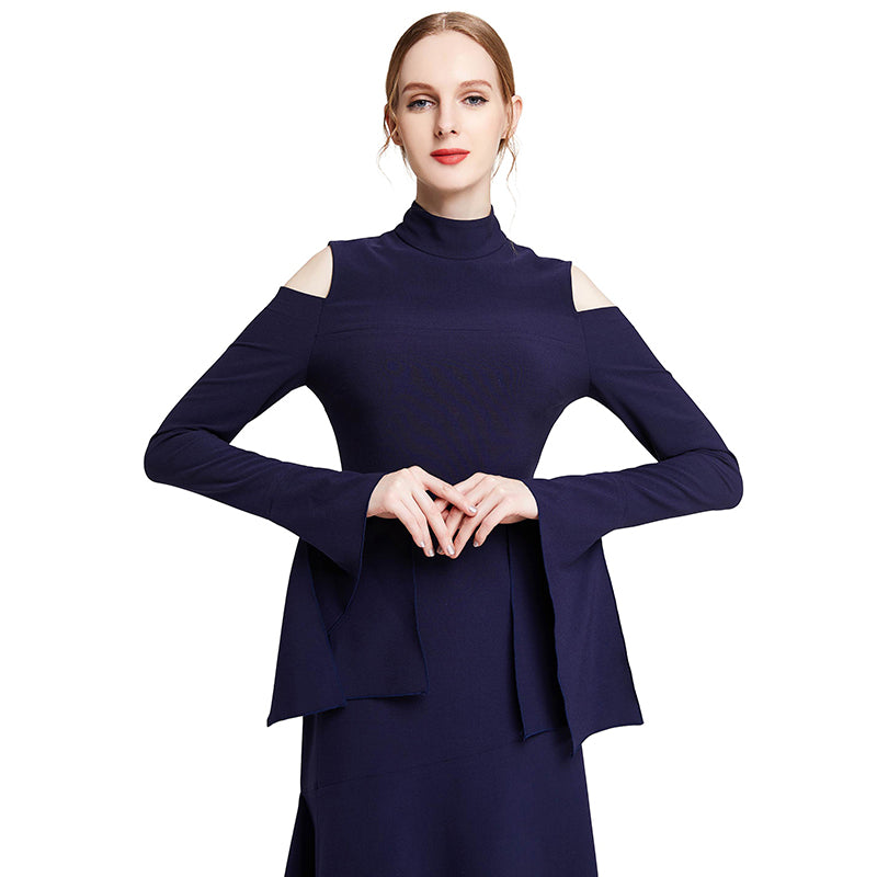 JJparty-D008 Women solid long sleeve cut out asymmetric hem mini party dress