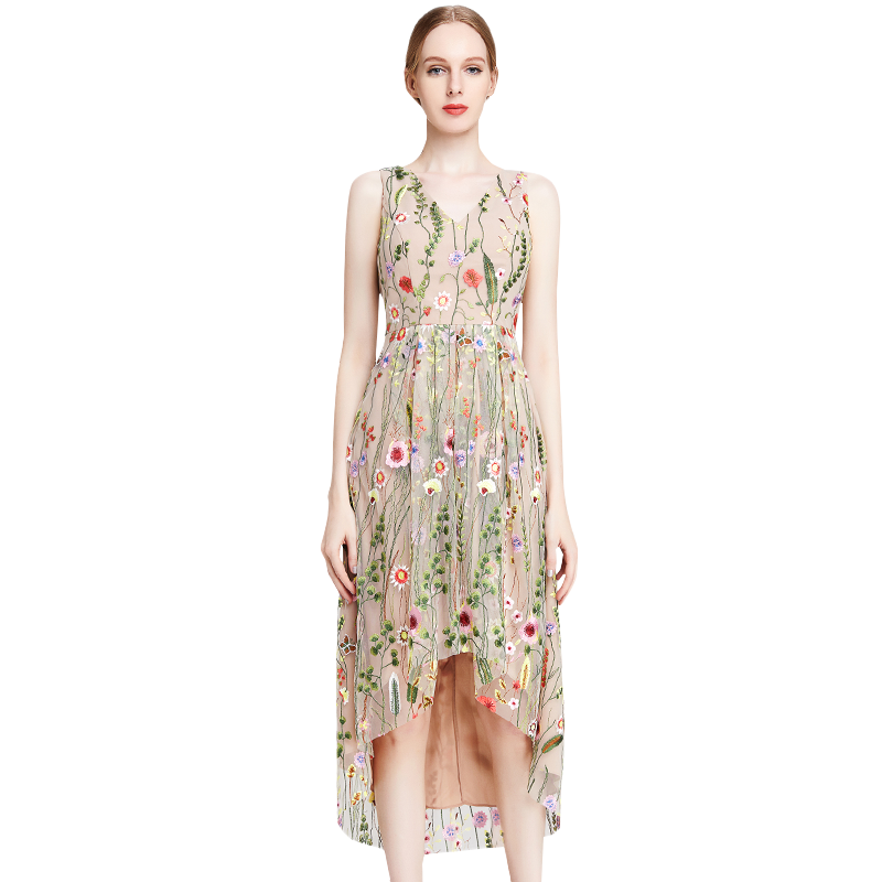 JJparty-D006 Women all-over floral embroidered tulle sleeveless asymmetric hem midi party dress