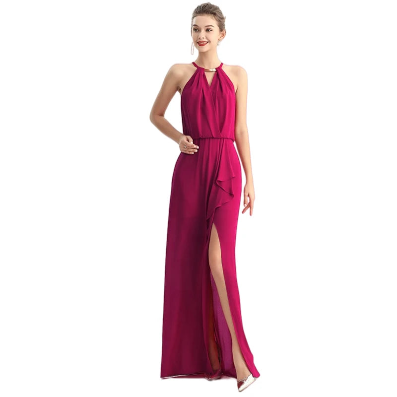 JJparty-D197 Women solid heavy georgette halter neck maxi evening dress