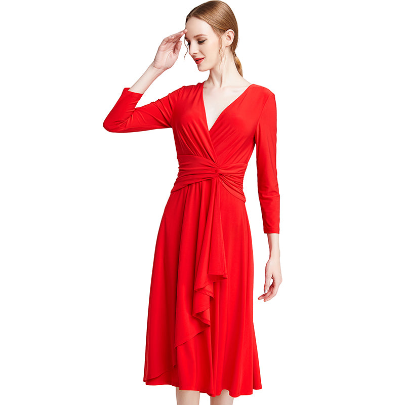 JJparty-D010 Women solid knit three-quarter sleeve mock wrap midi day dress