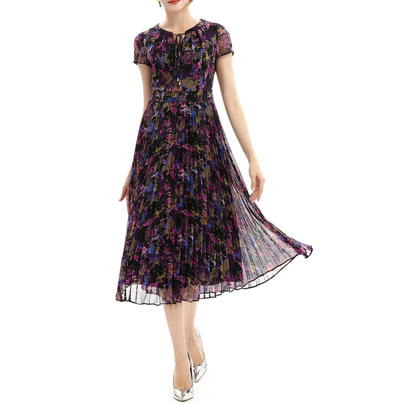 JJparty-D028 Women artistic floral print cap sleeves pleated midi day dress