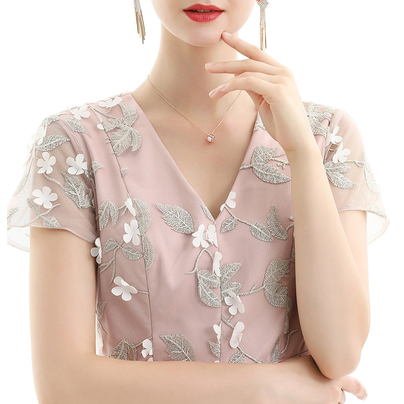 JJparty-D063 Women 3D flower embroidered organza V neck cap sleeves flared midi evening dress