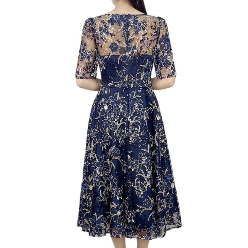 JJparty-D175 Women all-over floral embroidered sequinned short sleeves flared midi evening dress