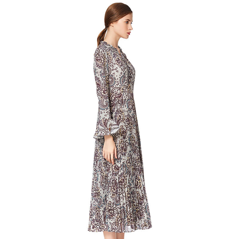 JJparty-D037 Women paisley print long sleeves sunburst pleated midi day dress
