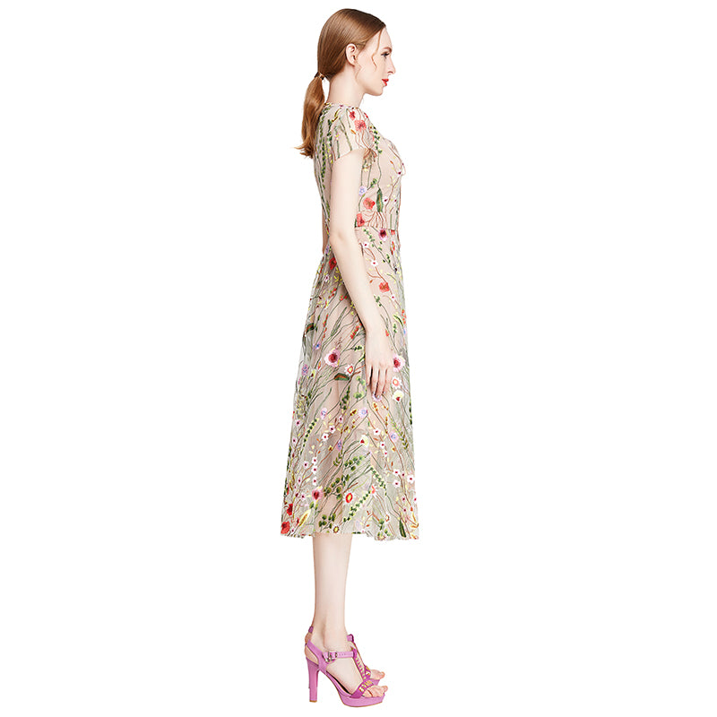 JJparty-D009 Women all-over floral embroidered tulle cap sleeves midi party dress