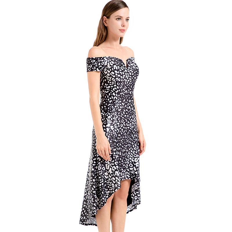 JJparty-D024 Women animal print off shoulder short sleeves asymmetric hem midi party dress