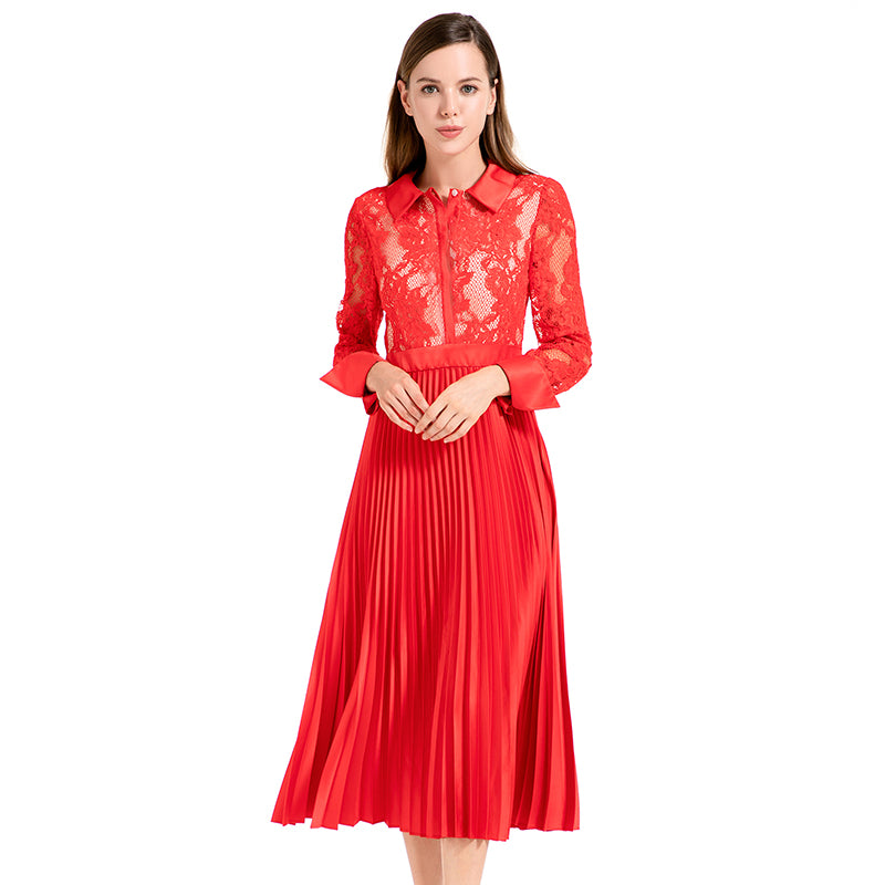 JJparty-D017 Women floral lace satin combo long sleeves shirt collar pleated midi party dress