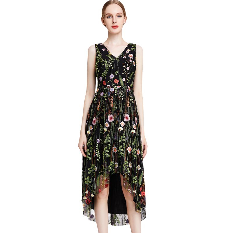 JJparty-D006 Women all-over floral embroidered tulle sleeveless asymmetric hem midi party dress