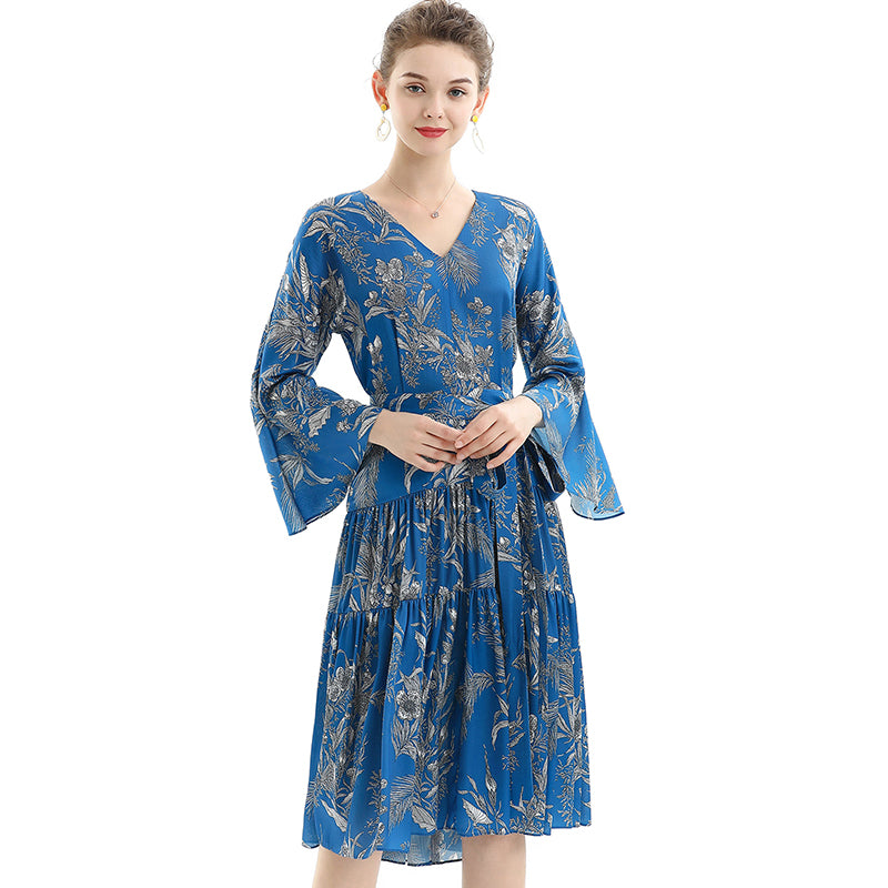 JJparty-D057 Women floral print three-quarter sleeves tiered design midi dress