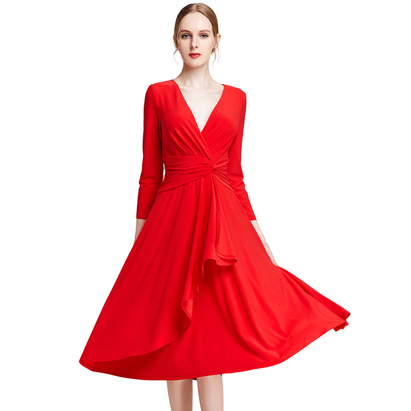 JJparty-D010 Women solid knit three-quarter sleeve mock wrap midi day dress