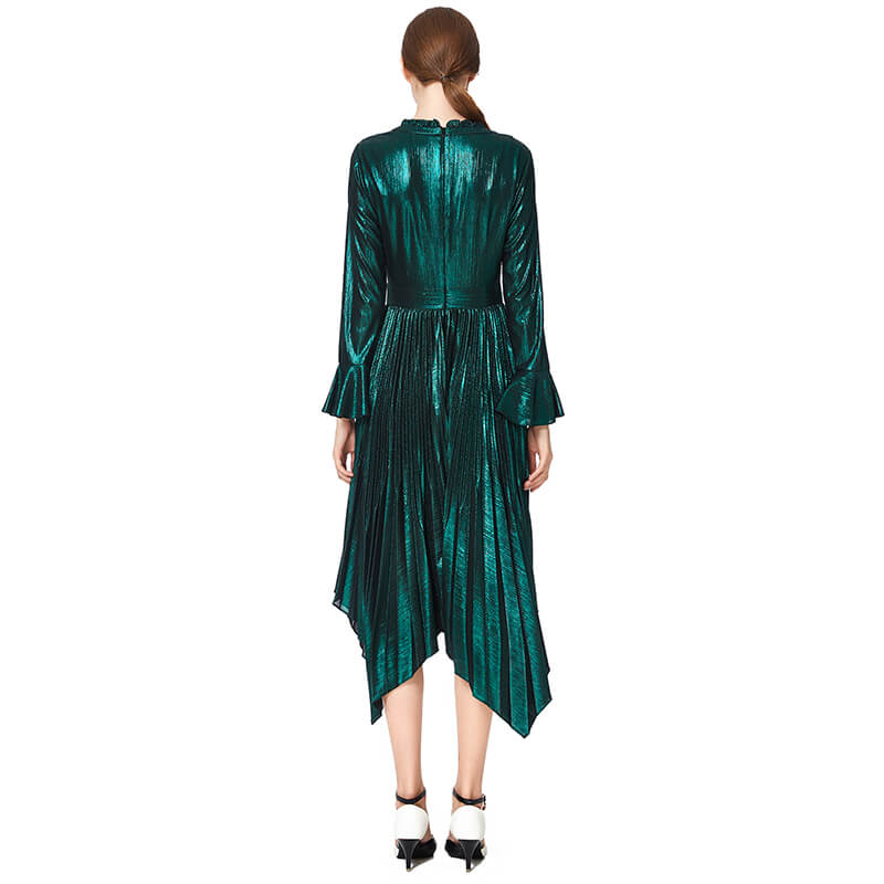 JJparty-D042 Women metallic knit long sleeves pleated handkerchief-hem midi party dress