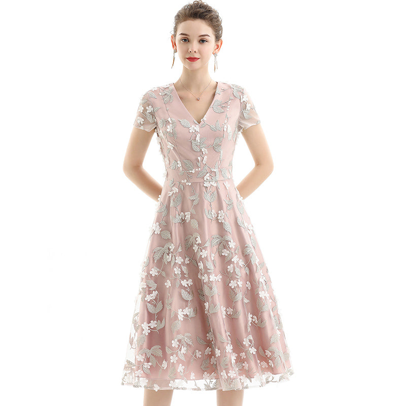 JJparty-D063 Women 3D flower embroidered organza V neck cap sleeves flared midi evening dress