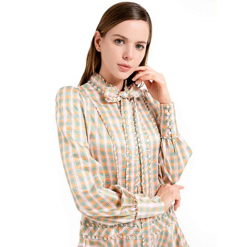 JJparty-D011 Women check print silk cotton long puff sleeves mini day dress