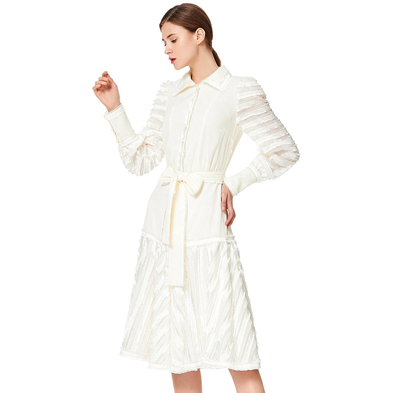 JJparty-D033 Women solid shirt collar long sleeves stripes detailing flared midi dress