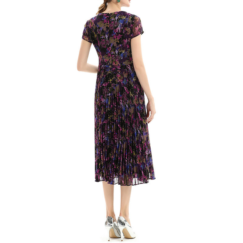 JJparty-D028 Women artistic floral print cap sleeves pleated midi day dress
