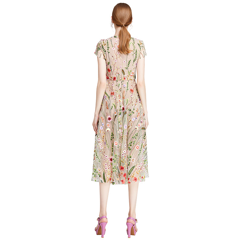 JJparty-D009 Women all-over floral embroidered tulle cap sleeves midi party dress