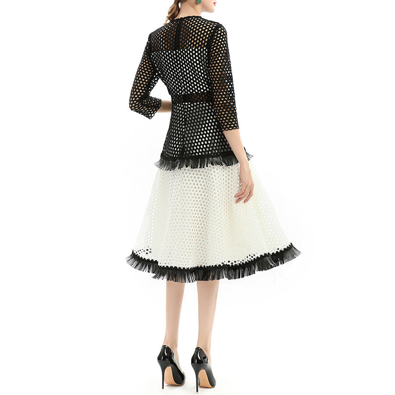 JJparty-D052 Women macramé lace three-quarter sleeves tiered design flared midi dress