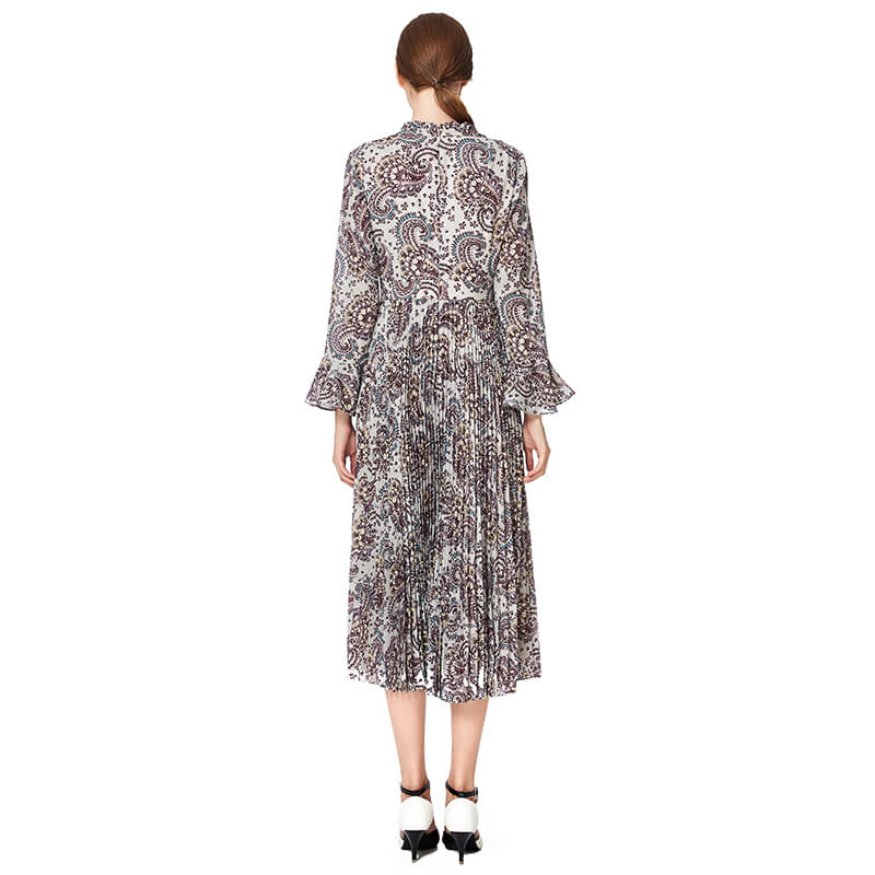 JJparty-D037 Women paisley print long sleeves sunburst pleated midi day dress