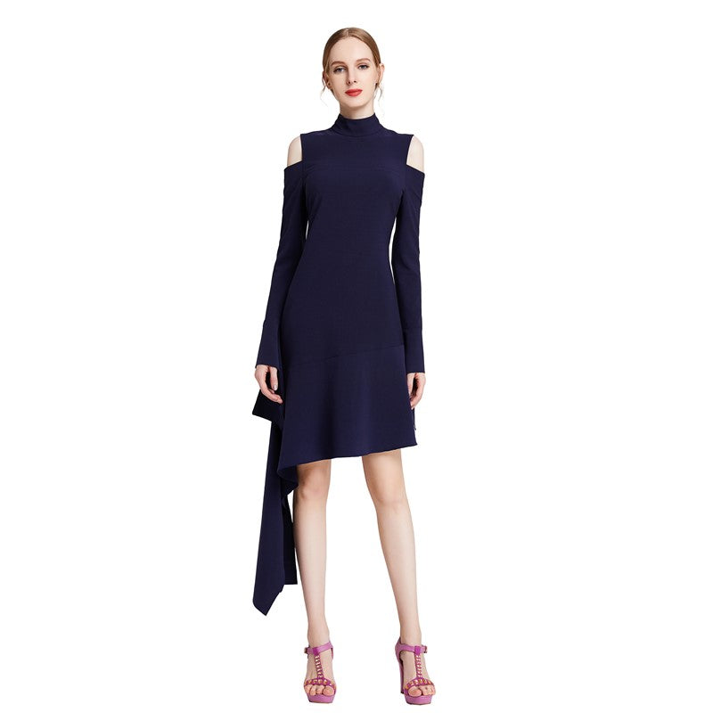 JJparty-D008 Women solid long sleeve cut out asymmetric hem mini party dress