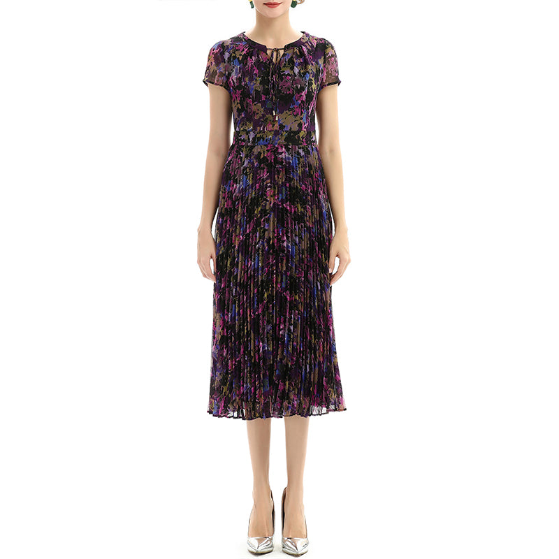 JJparty-D028 Women artistic floral print cap sleeves pleated midi day dress