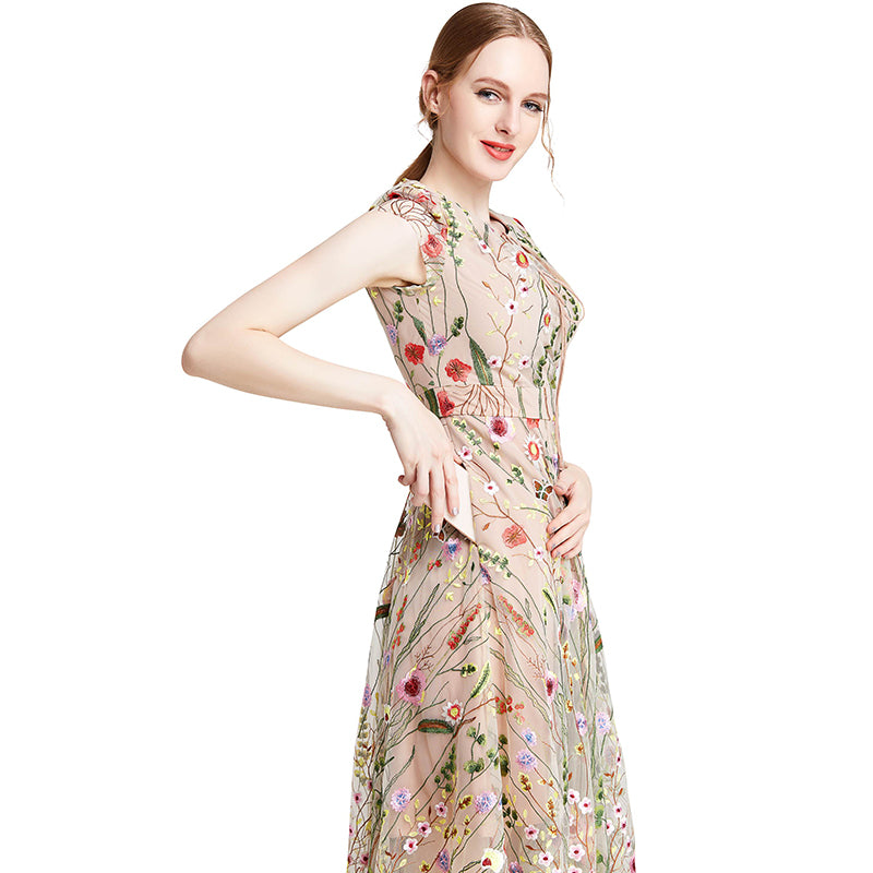 JJparty-D009 Women all-over floral embroidered tulle cap sleeves midi party dress