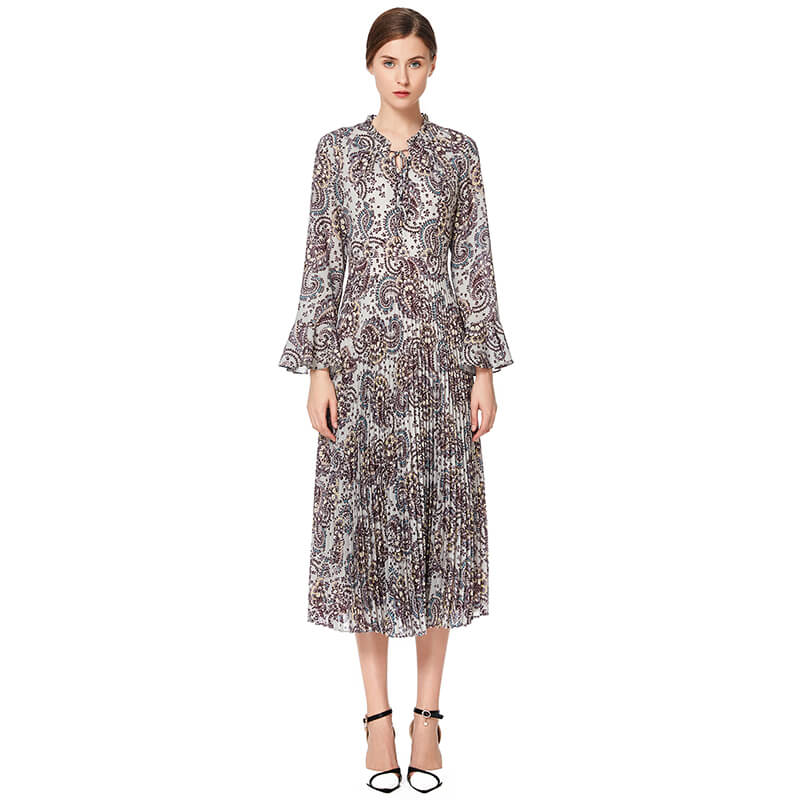 JJparty-D037 Women paisley print long sleeves sunburst pleated midi day dress