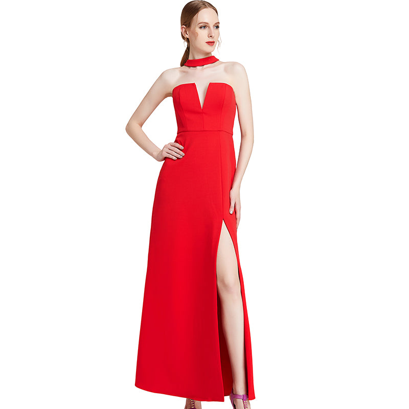 JJparty-D016 Women solid off shoulder bustier maxi evening dress