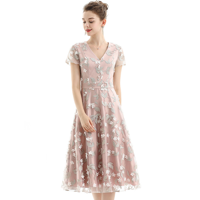 JJparty-D063 Women 3D flower embroidered organza V neck cap sleeves flared midi evening dress