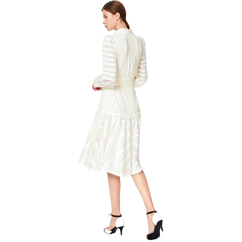 JJparty-D033 Women solid shirt collar long sleeves stripes detailing flared midi dress