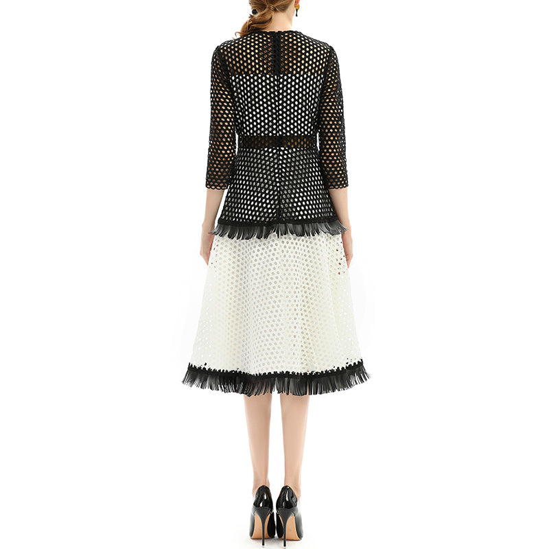 JJparty-D052 Women macramé lace three-quarter sleeves tiered design flared midi dress