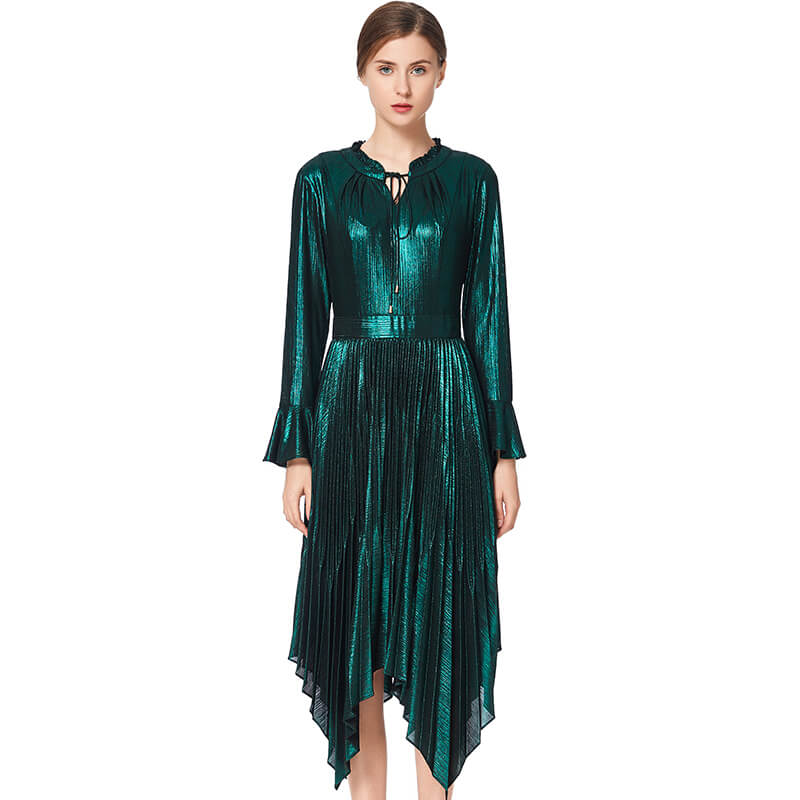 JJparty-D042 Women metallic knit long sleeves pleated handkerchief-hem midi party dress