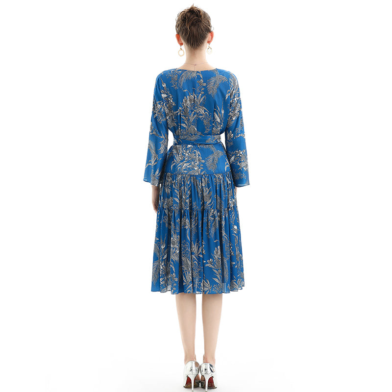 JJparty-D057 Women floral print three-quarter sleeves tiered design midi dress