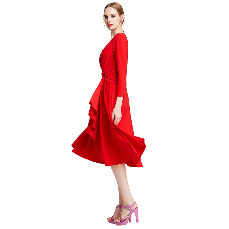 JJparty-D010 Women solid knit three-quarter sleeve mock wrap midi day dress