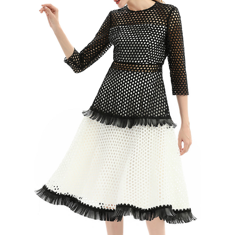 JJparty-D052 Women macramé lace three-quarter sleeves tiered design flared midi dress