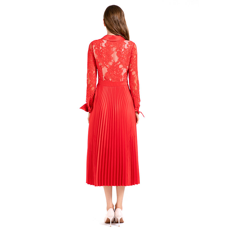 JJparty-D017 Women floral lace satin combo long sleeves shirt collar pleated midi party dress