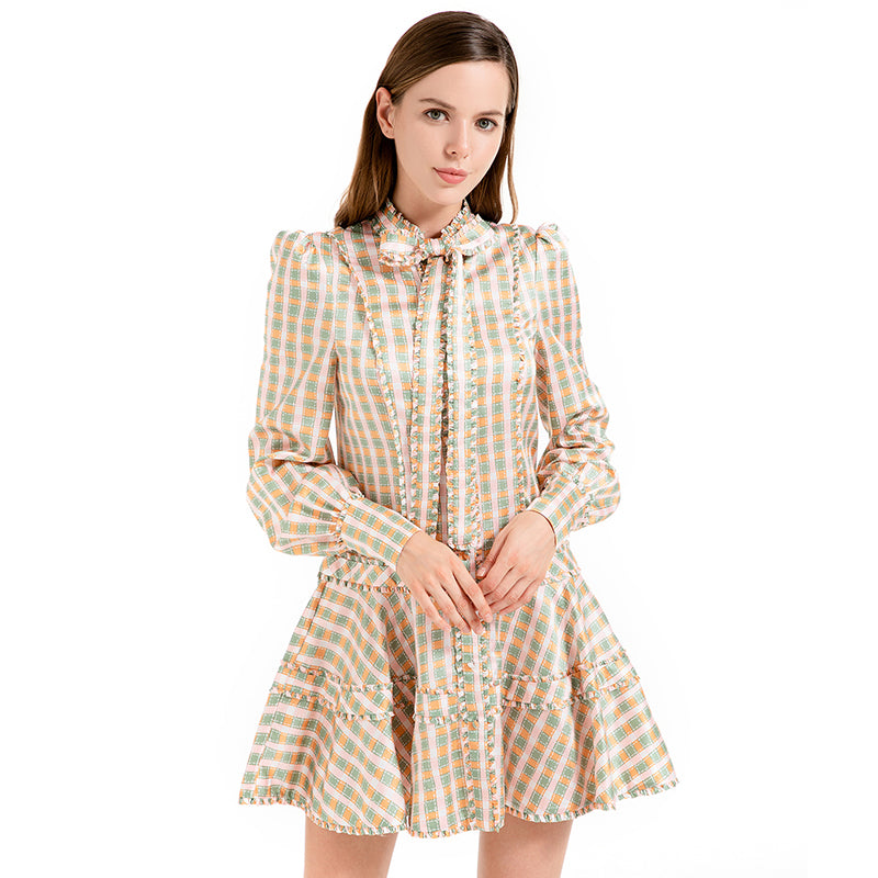 JJparty-D011 Women check print silk cotton long puff sleeves mini day dress