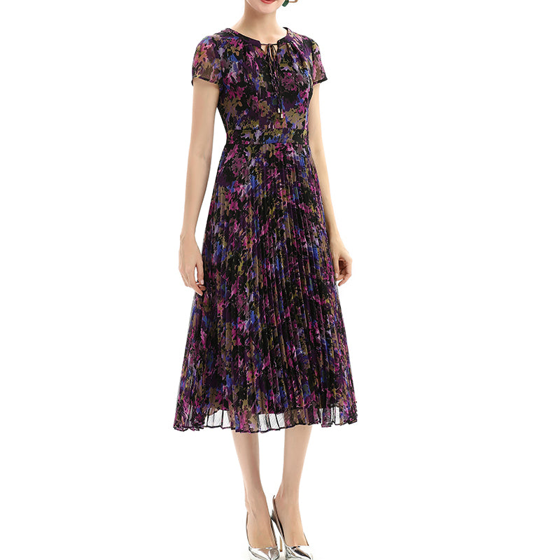 JJparty-D028 Women artistic floral print cap sleeves pleated midi day dress