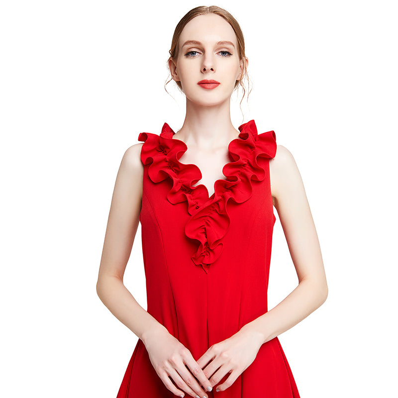 JJparty-D004 Women solid sleeveless ruched ruffle midi party dress