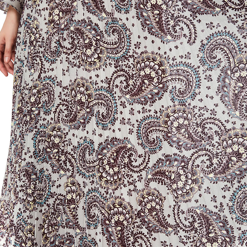 JJparty-D037 Women paisley print long sleeves sunburst pleated midi day dress