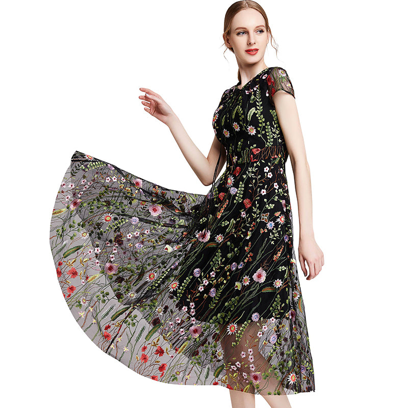 JJparty-D009 Women all-over floral embroidered tulle cap sleeves midi party dress