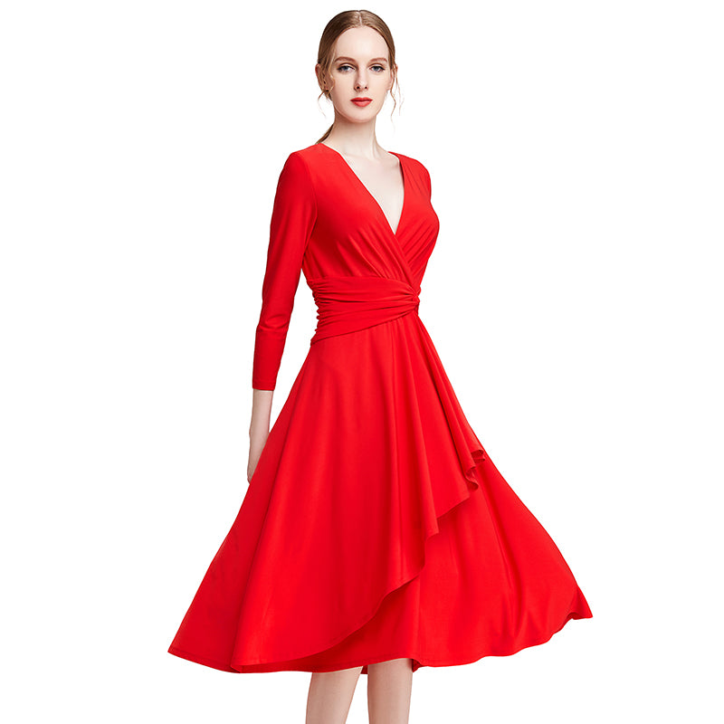 JJparty-D010 Women solid knit three-quarter sleeve mock wrap midi day dress