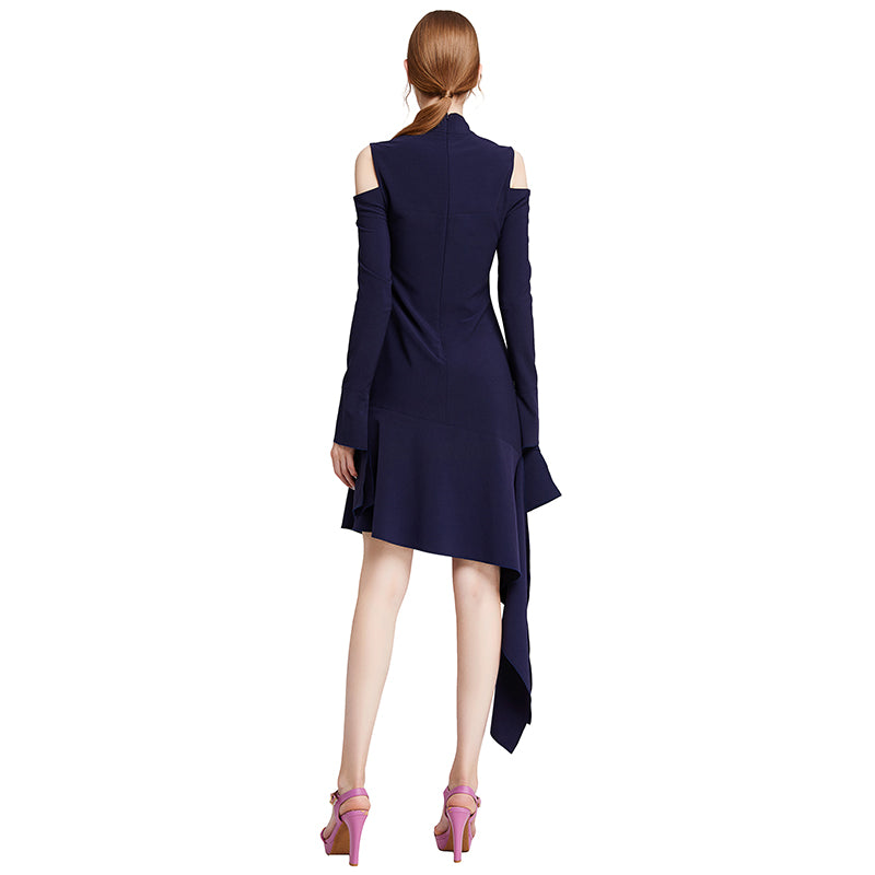 JJparty-D008 Women solid long sleeve cut out asymmetric hem mini party dress