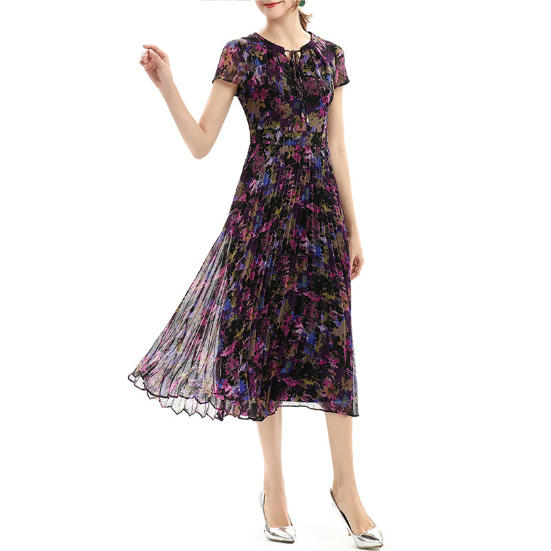 JJparty-D028 Women artistic floral print cap sleeves pleated midi day dress