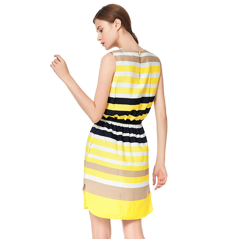 JJparty-D039 Women stripe print round neck sleeveless tie-waist straight-cut mini dress