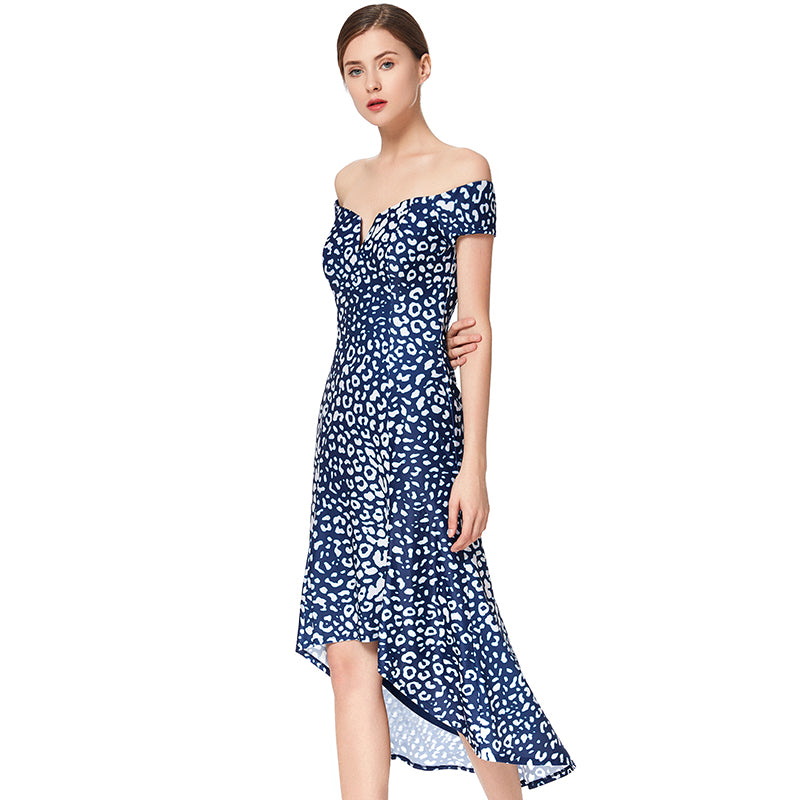 JJparty-D024 Women animal print off shoulder short sleeves asymmetric hem midi party dress