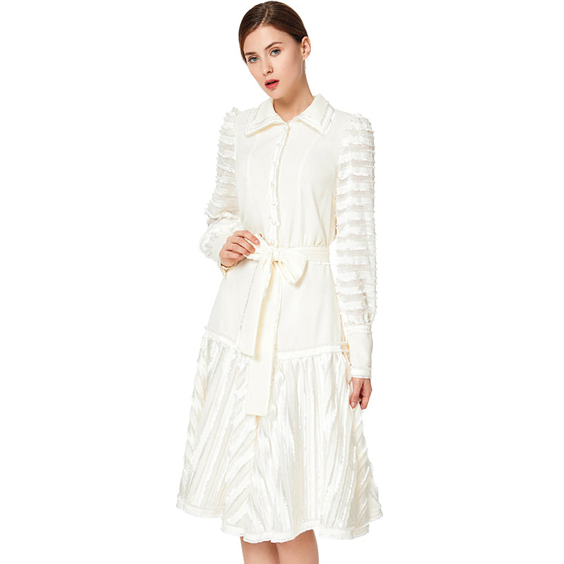 JJparty-D033 Women solid shirt collar long sleeves stripes detailing flared midi dress