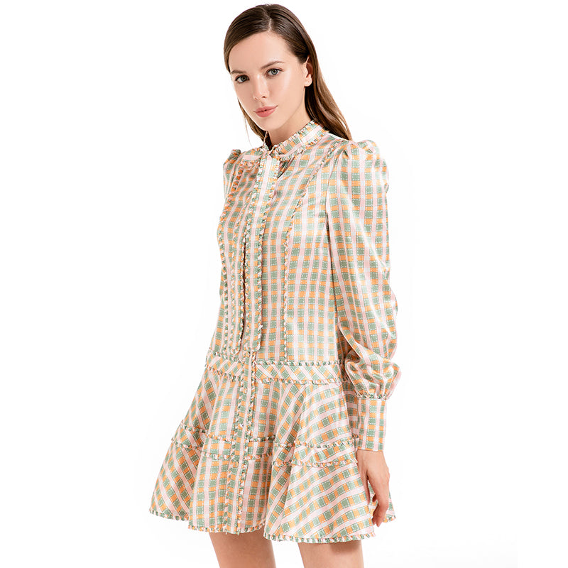 JJparty-D011 Women check print silk cotton long puff sleeves mini day dress